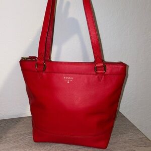 Fossil Bright Red Leather Tote with Gold Hardware
